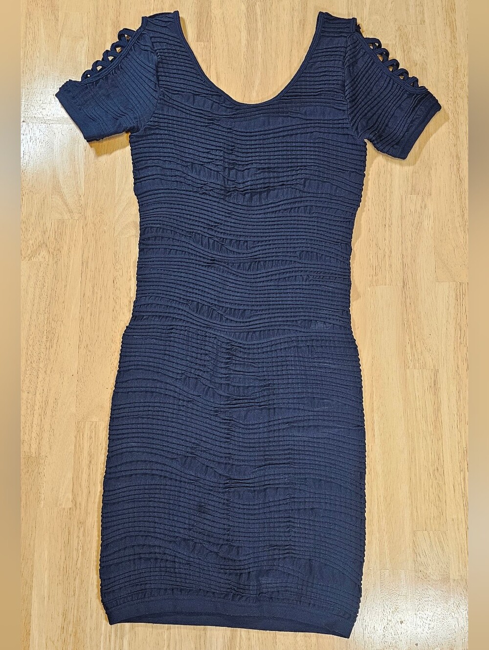Bebe Navy Texture Bodycon Dress with Cutout Shoulders
